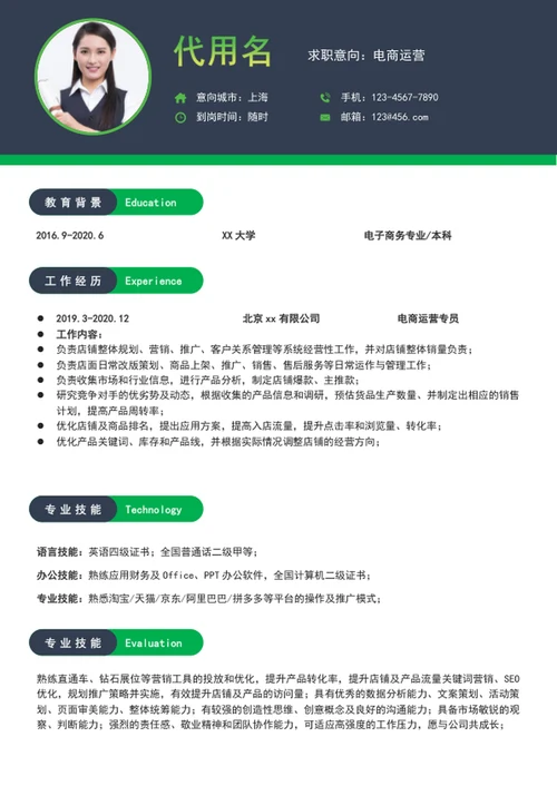 简约风电商运营个人简历模板word简历介绍