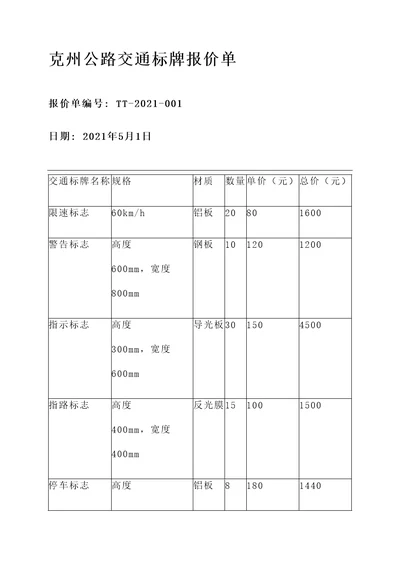 克州公路交通标牌报价单