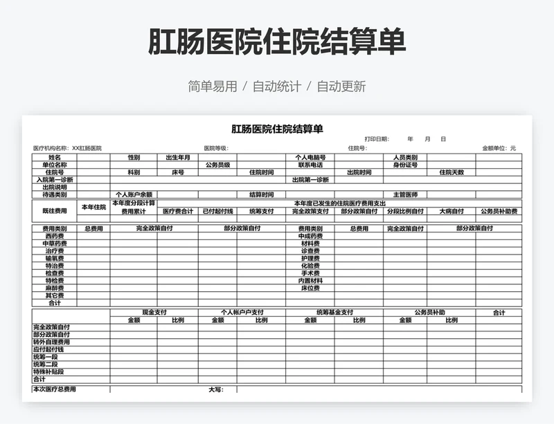 肛肠医院住院结算单