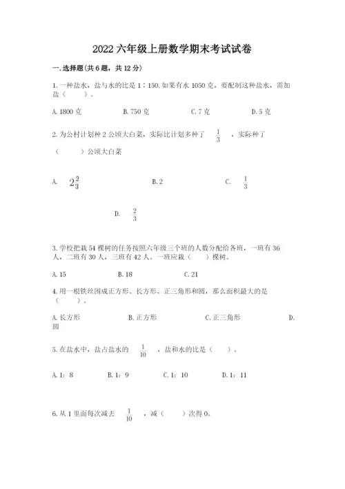 2022六年级上册数学期末考试试卷及完整答案一套.docx