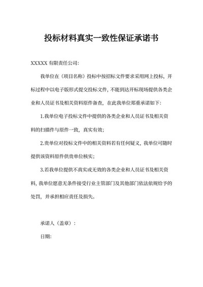 投标材料真实一致性保证承诺书(2)