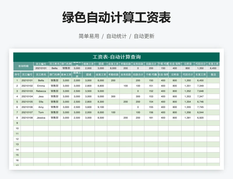 绿色自动计算工资表