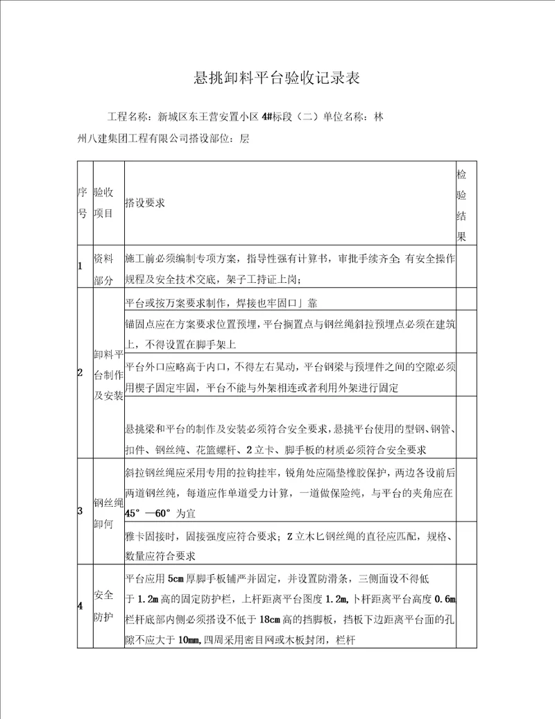 悬挑卸料平台验收记录表