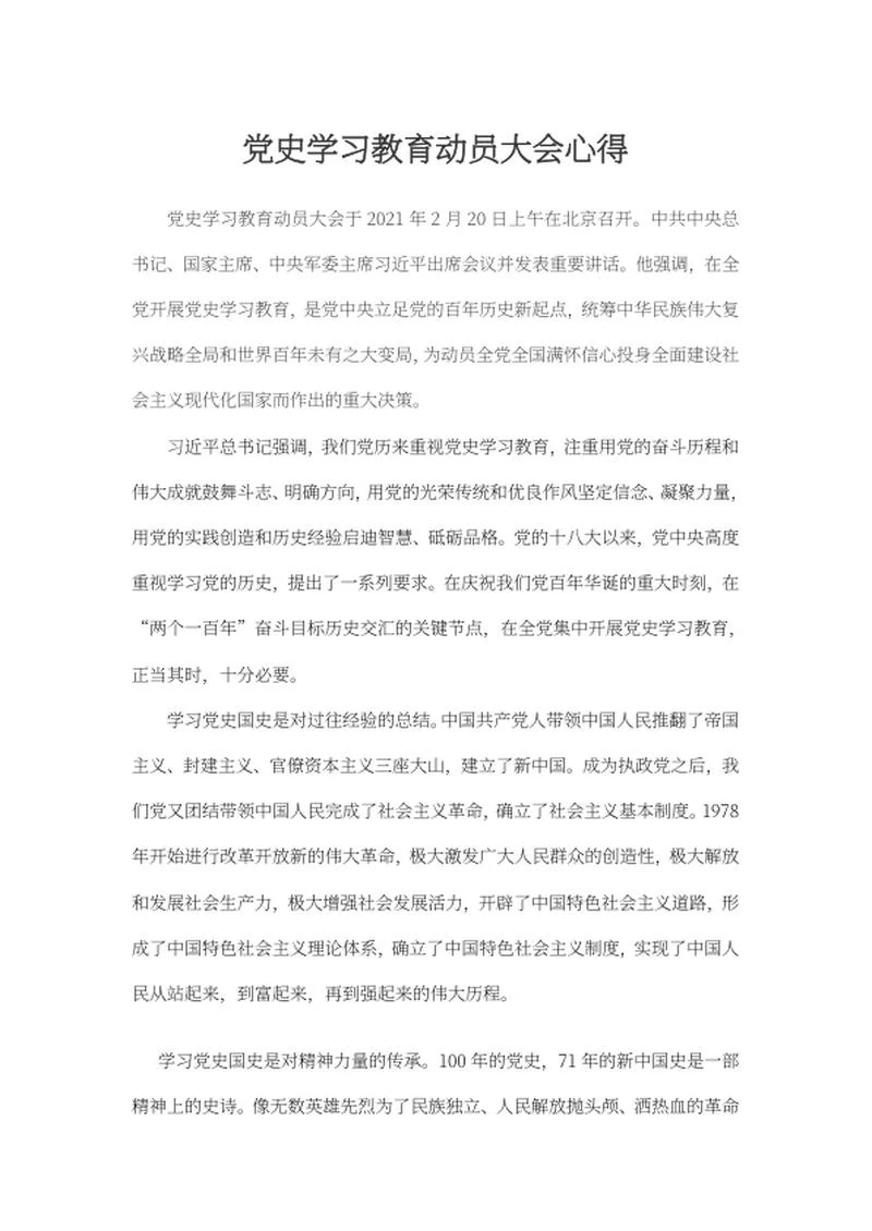 党史学习教育动员大会心得word模板