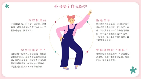 粉色卡通守护花蕾女性自我保护科普PPT模板