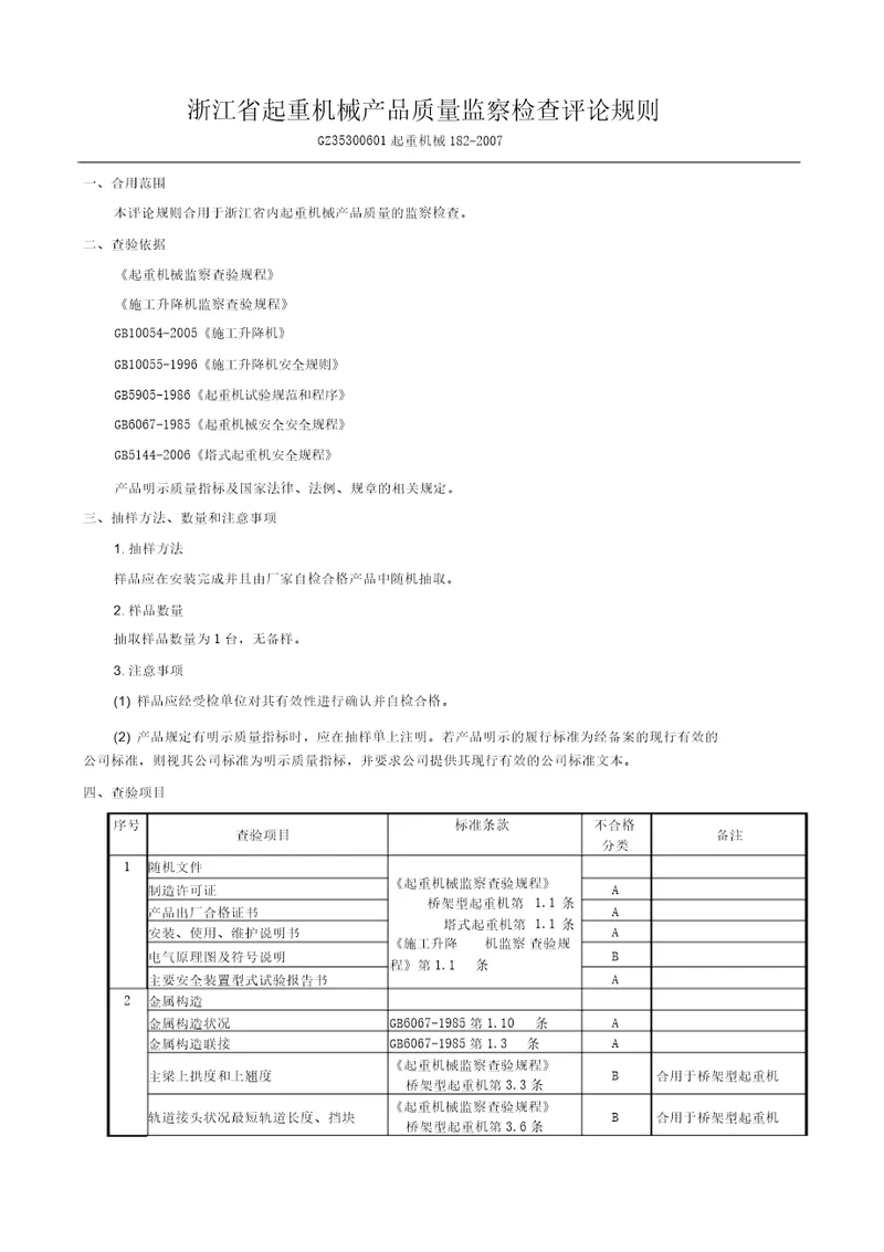 浙江省起重机械产品质量监督检查评价规则