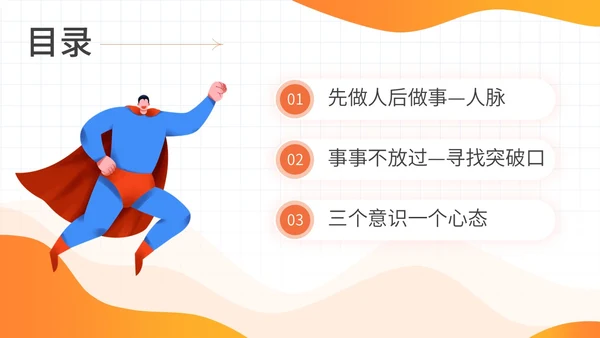 橙色简约插画风超人优秀员工经验分享商务动态PPT