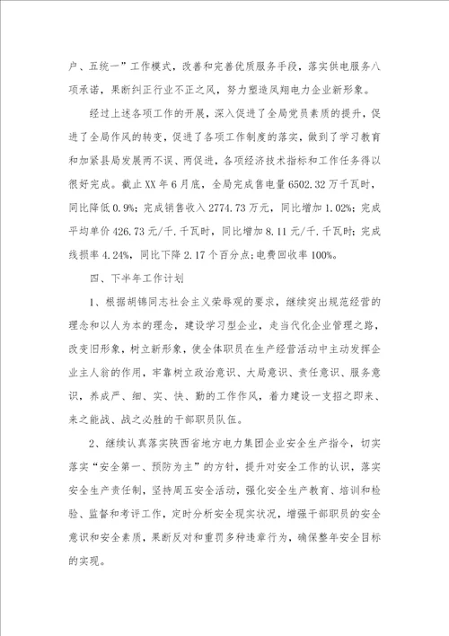 2021年电力局党支部XX年上半年工作总结