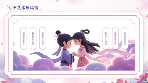 玫瑰红藤萝紫双色中国风七夕文化学校传统文化课程PPT模板