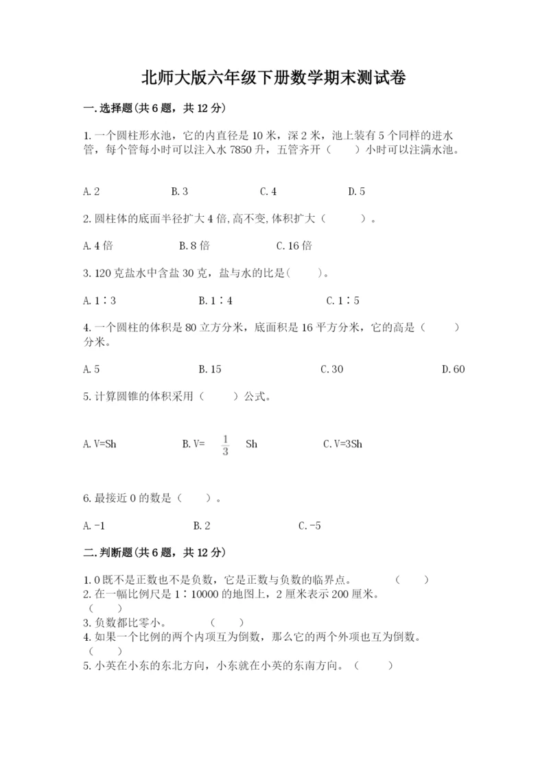 北师大版六年级下册数学期末测试卷精品【基础题】.docx