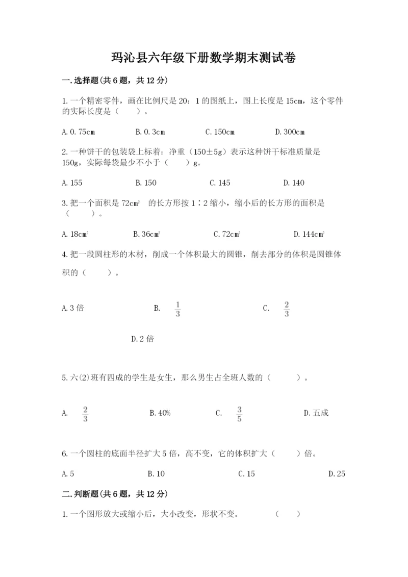 玛沁县六年级下册数学期末测试卷（达标题）.docx