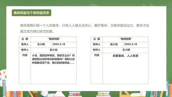 绿色黑板风卡通插画承担关爱集体的责任动态PPT