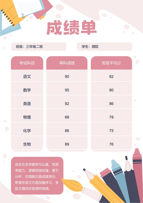 粉色卡通插画成绩单