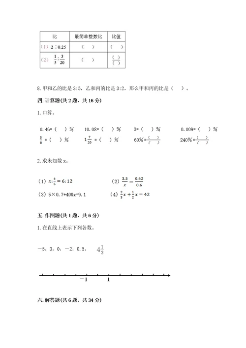 武夷山市六年级下册数学期末测试卷加精品答案