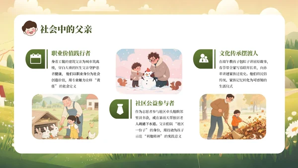 黄绿色卡通父爱如山感恩父亲节主题教育班会课件PPT模板