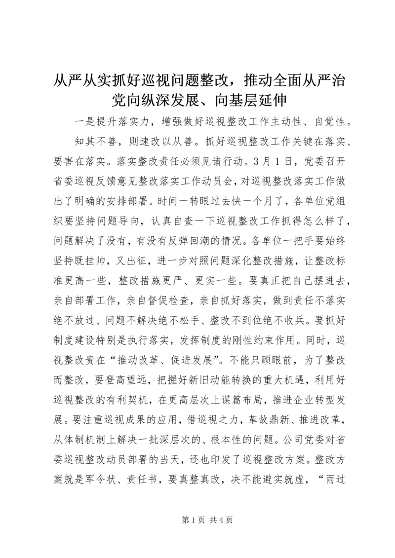 从严从实抓好巡视问题整改，推动全面从严治党向纵深发展、向基层延伸.docx