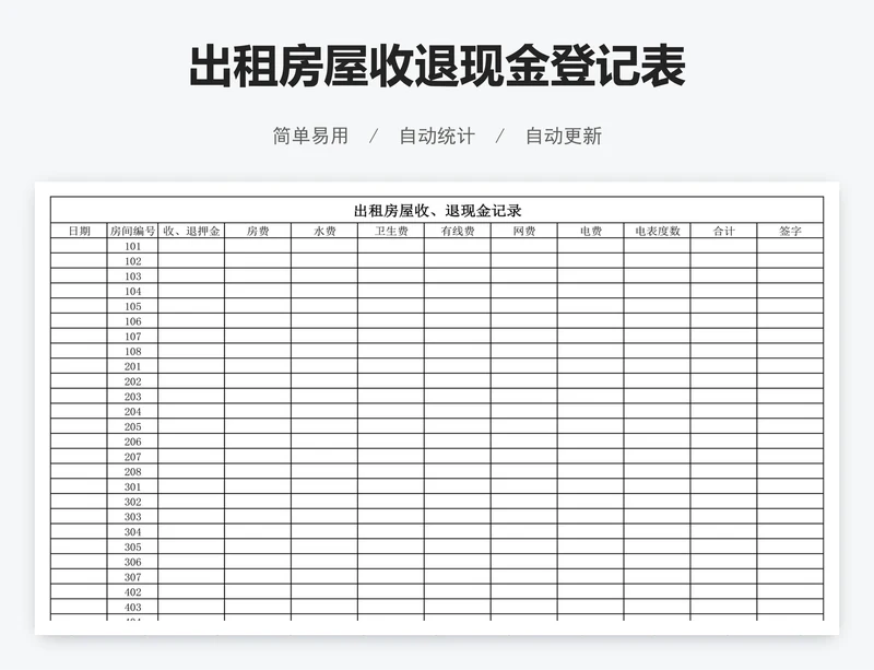 出租房屋收退现金登记表