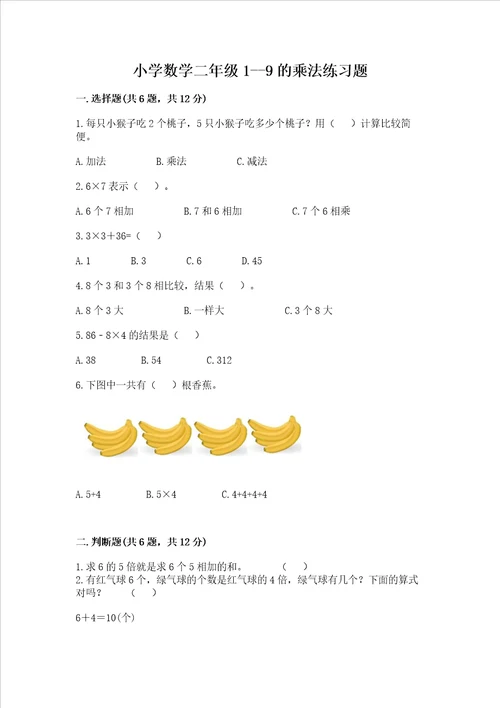 小学数学二年级19的乘法练习题网校专用word版