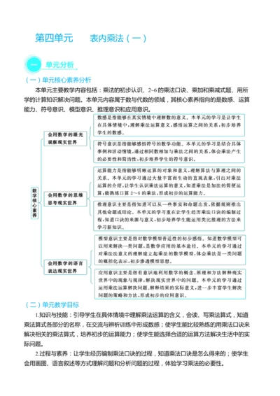 （大单元整体教学）第四单元 表内乘法（一） 单元分析（表格式）教学设计 人教版 二年级上册数学