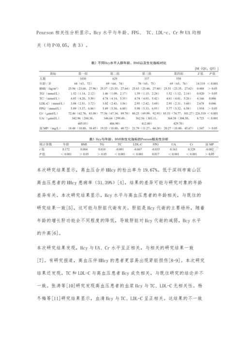 上海泗泾镇高血压患者同型半胱氨酸与血液生物化学指标相关性分析.docx