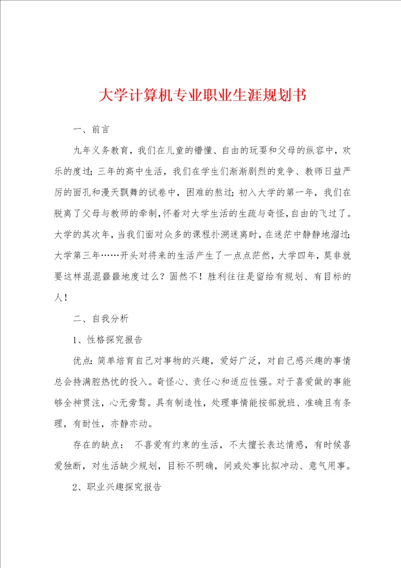 大学计算机专业职业生涯规划书