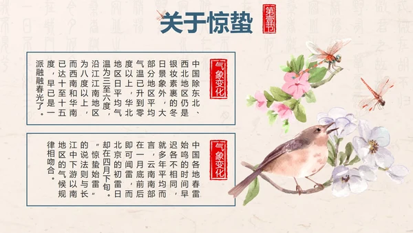 黄色中国风花鸟二十四节气之惊蛰带内容PPT模板