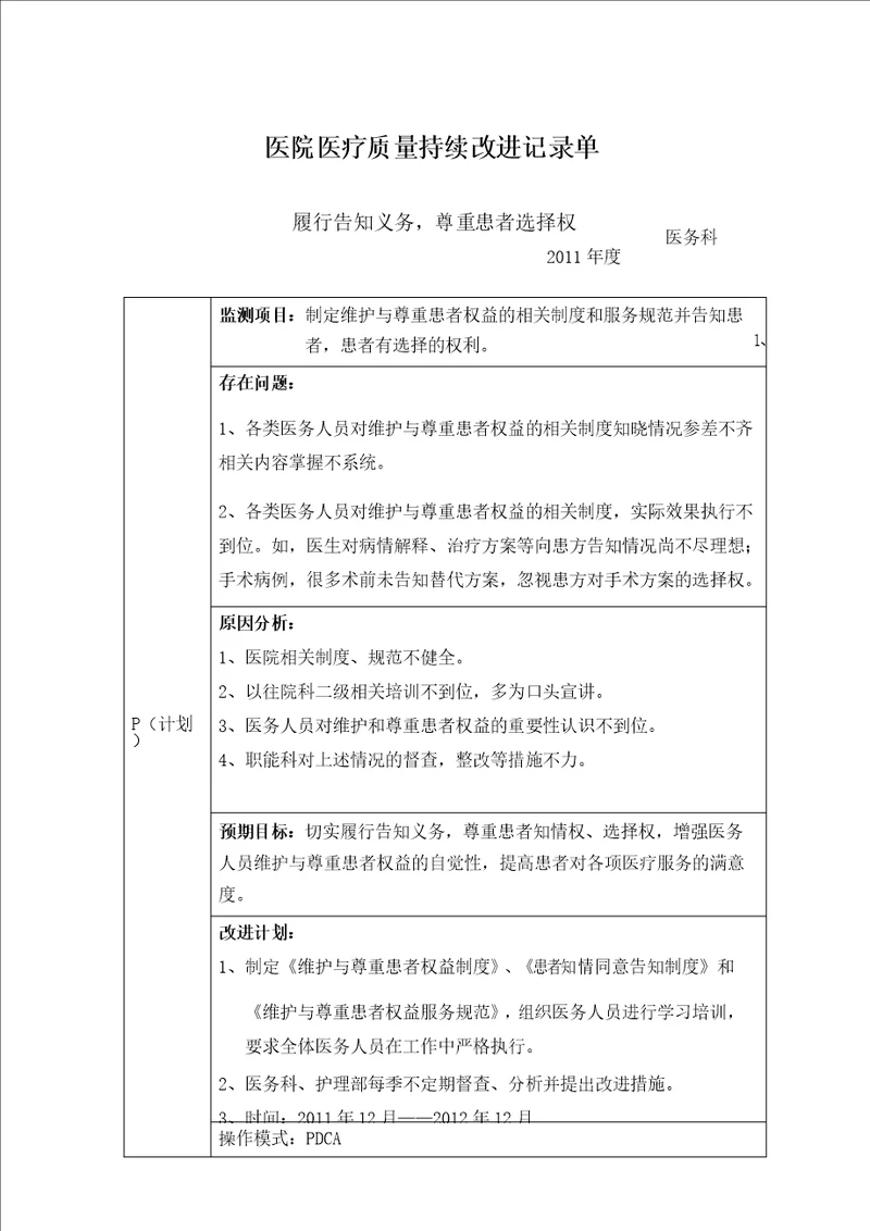 履行告知义务尊重患者选择权PDCA