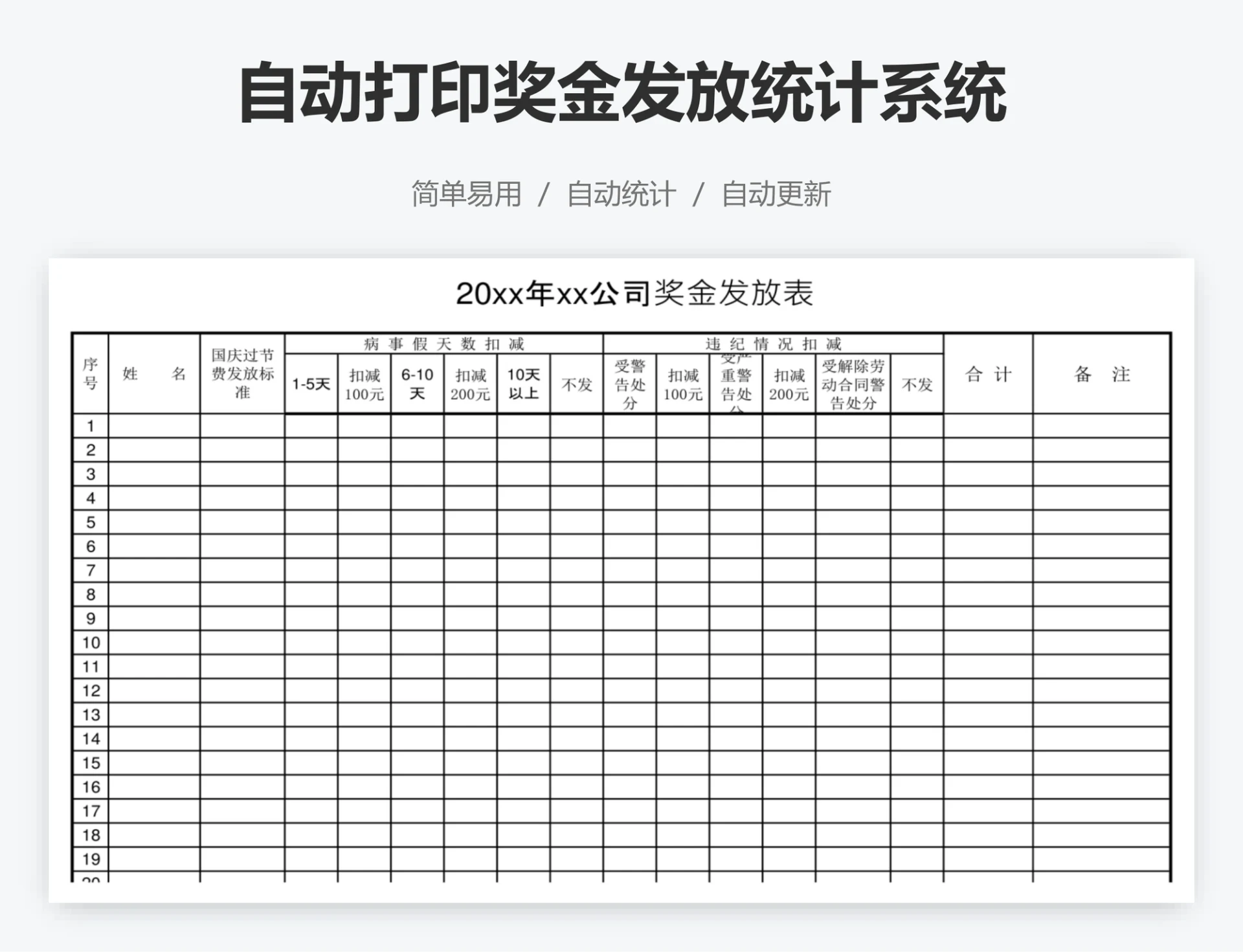 自动打印奖金发放统计系统