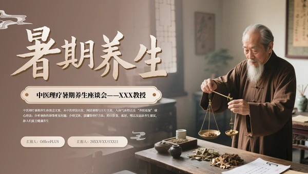 咖色古风中医理疗暑期养生座谈会通用PPT模板
