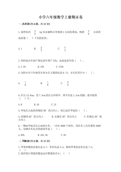 小学六年级数学上册期末卷一套