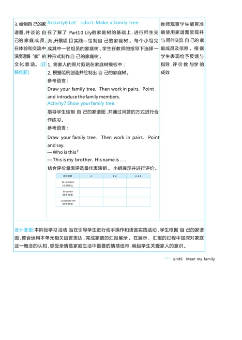 Unit 6 Meet my family单元整体教学设计5课时