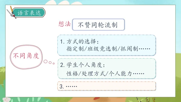 【核心素养】部编版语文三年级下册-口语交际-该不该实行班干部轮流制（课件）