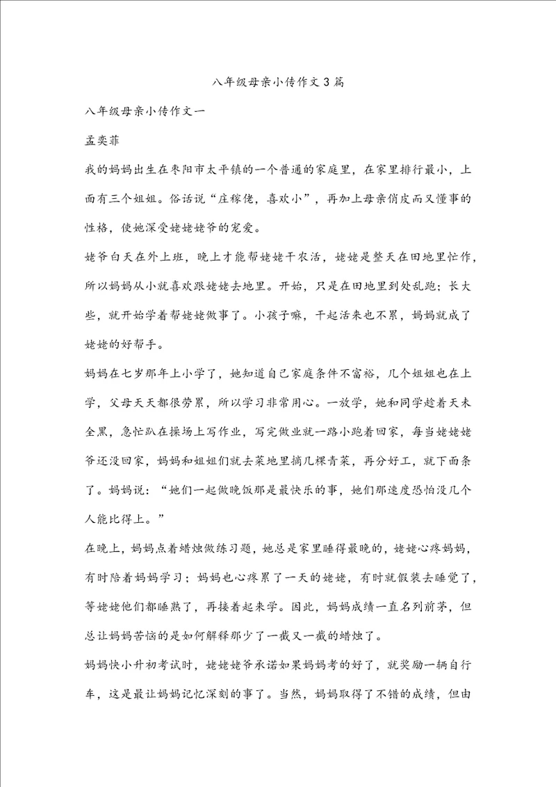 八年级母亲小传作文3篇