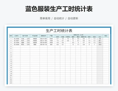 蓝色服装生产工时统计表