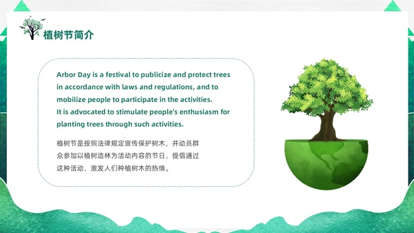 绿色渐变鎏金剪影312植树节英文介绍课件PPT