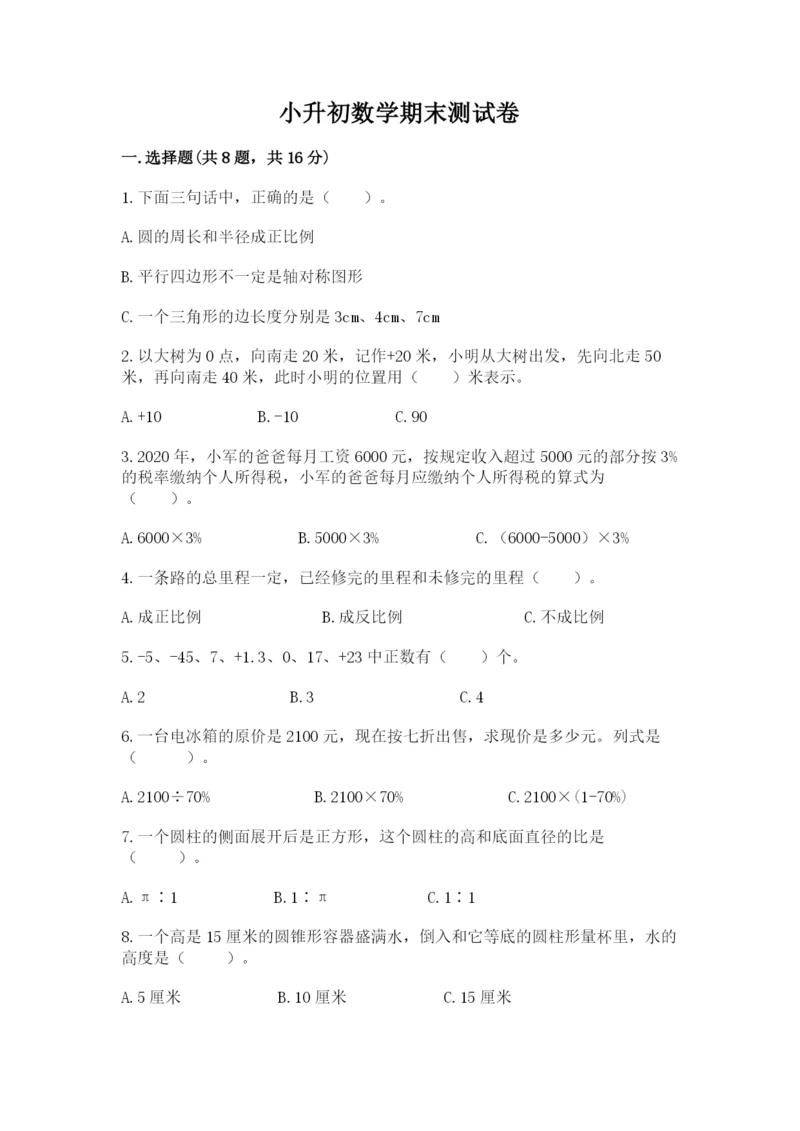 小升初数学期末测试卷（名师推荐）.docx