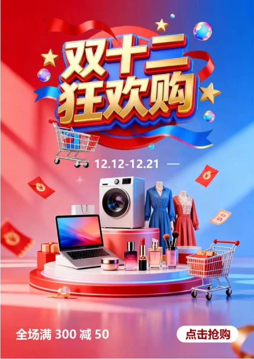 红蓝拼色电商双十二营销海报
