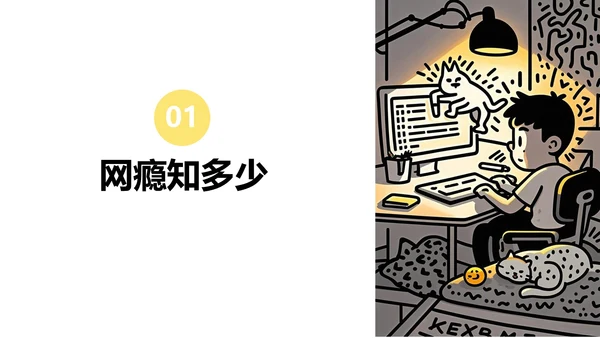 黄黑色插画线条网瘾的学校主题班会PPT模板