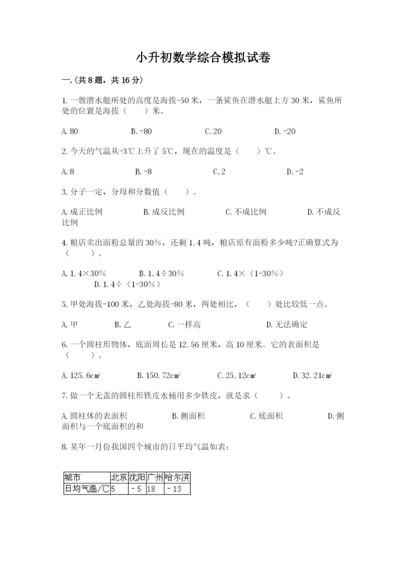 小升初数学综合模拟试卷及参考答案【轻巧夺冠】.docx