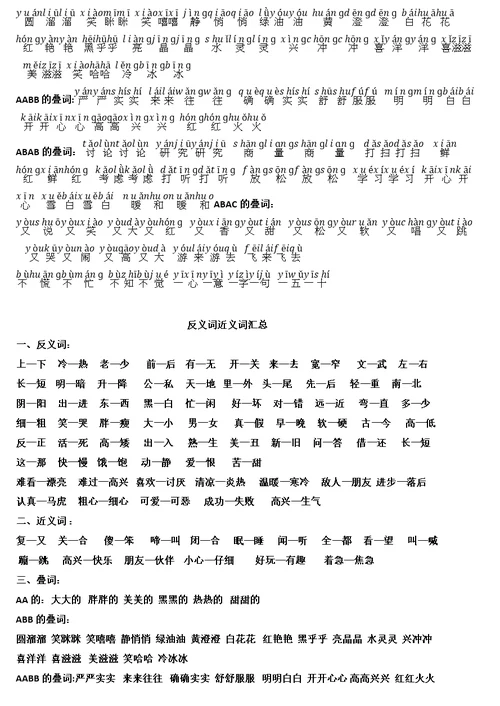 一年级上册小学生必备反义词近义词汇总