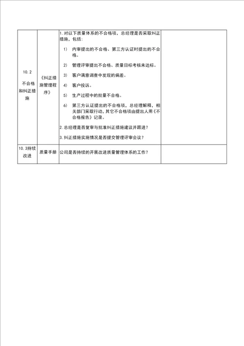 质量管理体系各部门内部审核检查表总经理