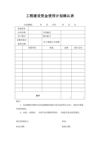 工程建设资金使用计划确认表