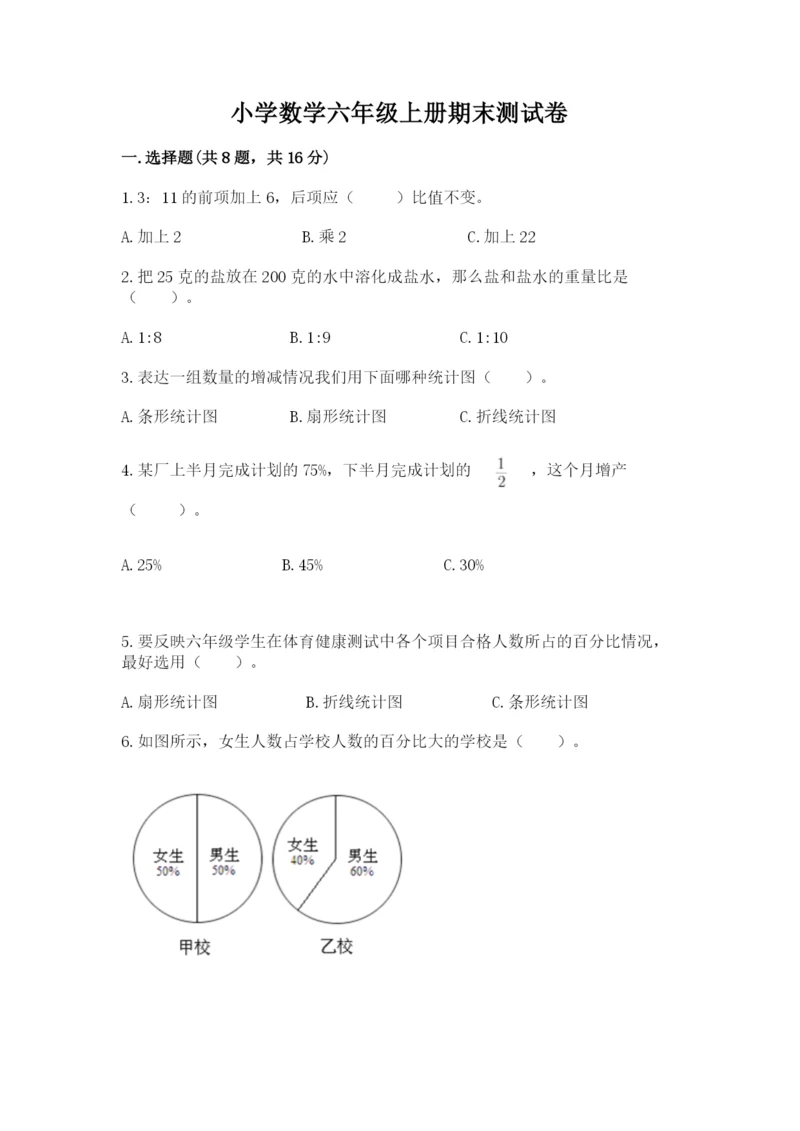 小学数学六年级上册期末测试卷带答案(最新).docx