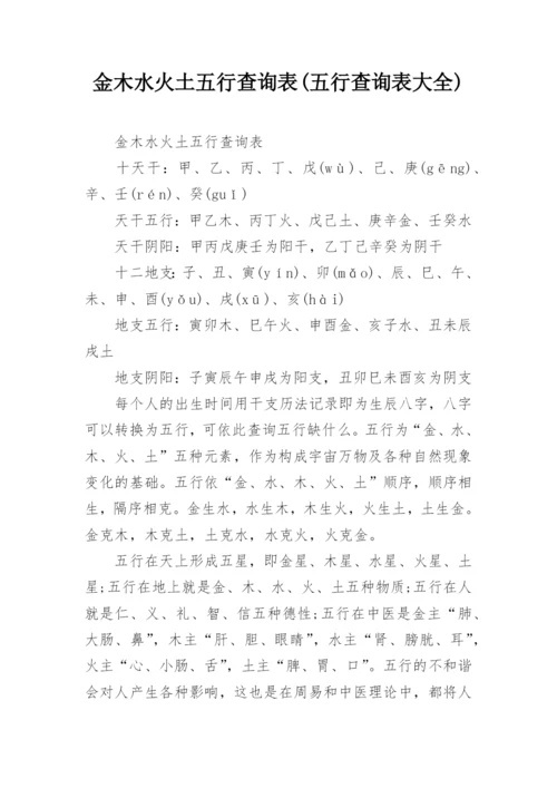 金木水火土五行查询表(五行查询表大全).docx