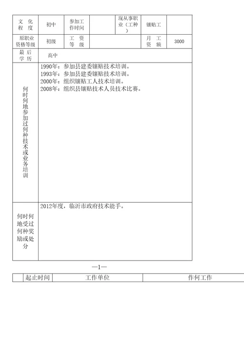 技师职业资格申请表