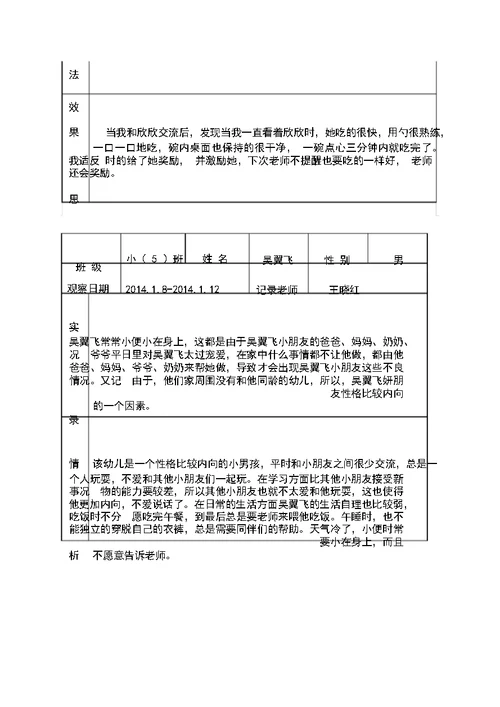 幼儿园个案跟踪观察记录表