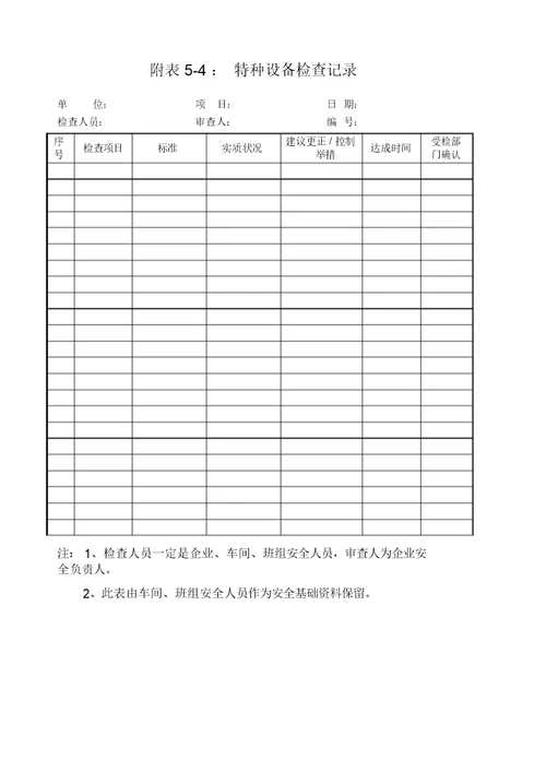 特种设备档案记录档案表格