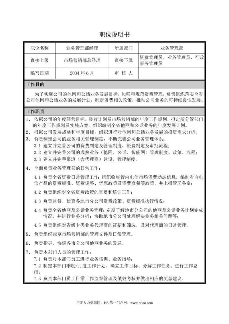 完整版业务部门职能说明书模板大全.docx