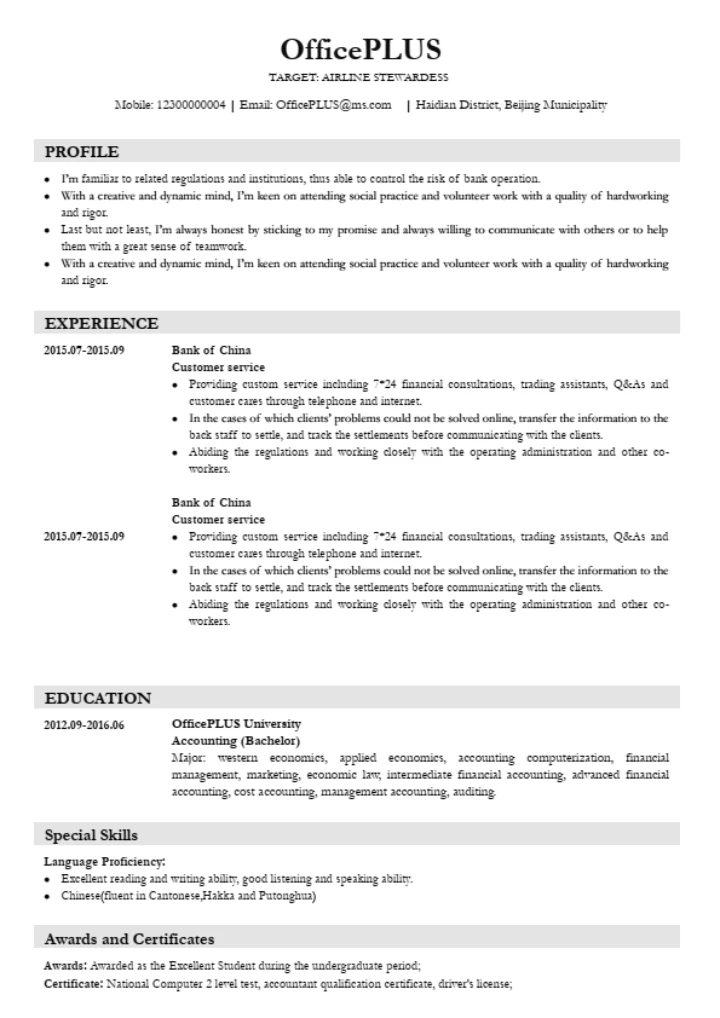 标准黑白英文简历