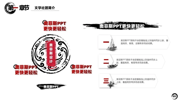 白色水墨中国风文学社社团活动白红PPT套装